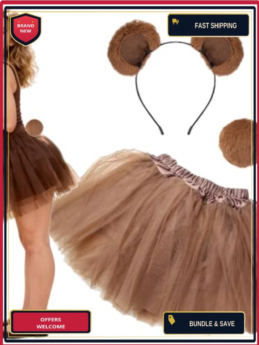 Bear Costume Set Fuzzy Ears Headband Tail Lined Tutu Halloween Party Accessories